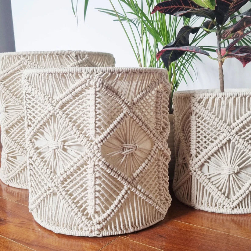 Cotton Round Macrame Set of 3 Storage Baskets Handmade Woven Boho Decor (Beige)