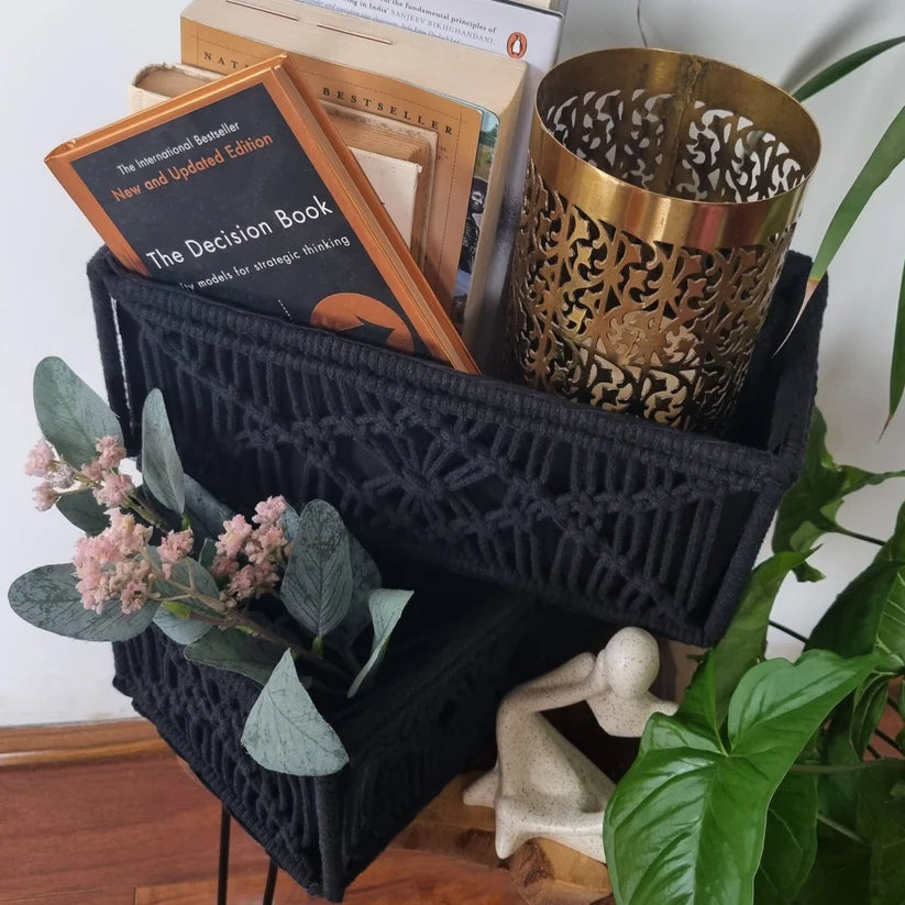 Cotton Macrame Set of 2 Storage Baskets Handmade Woven Boho Decor (Black)