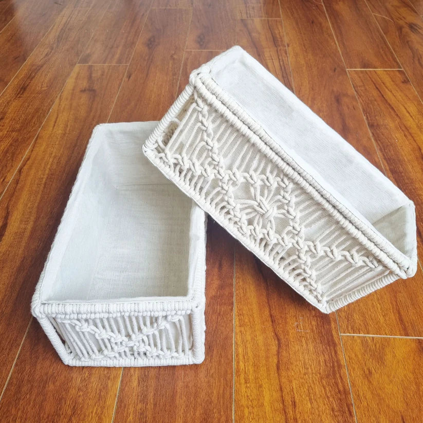 Cotton Macrame Set of 2 Storage Baskets Handmade Woven Boho Decor (Beige)