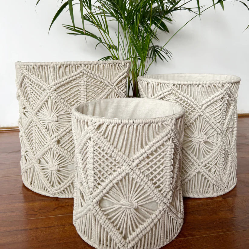 Cotton Round Macrame Set of 3 Storage Baskets Handmade Woven Boho Decor (Beige)