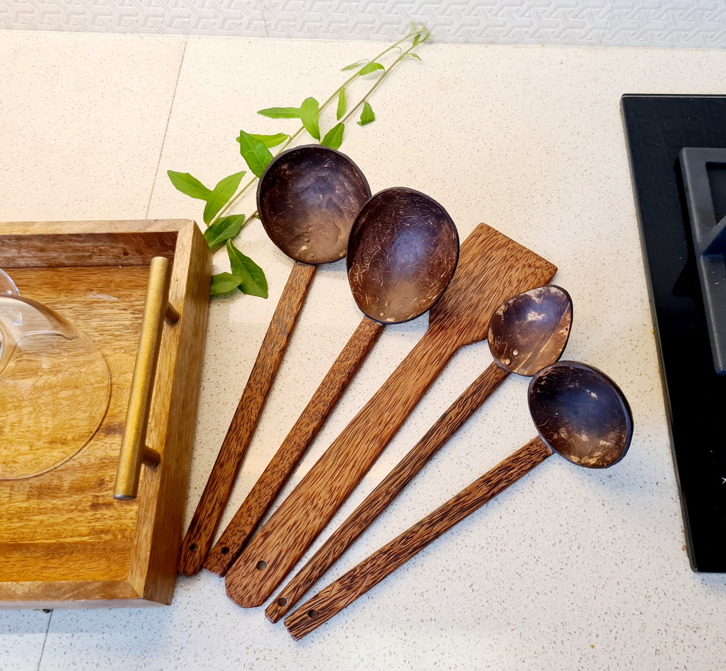 Thenga Traditional Coconut Shell & Wood Cooking Set | Set of 5-1 Spatula, 1 Large Spoon, 3 Size Ladles