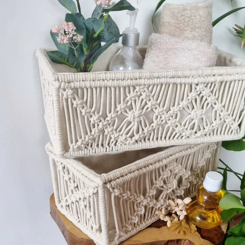 Cotton Macrame Set of 2 Storage Baskets Handmade Woven Boho Decor (Beige)