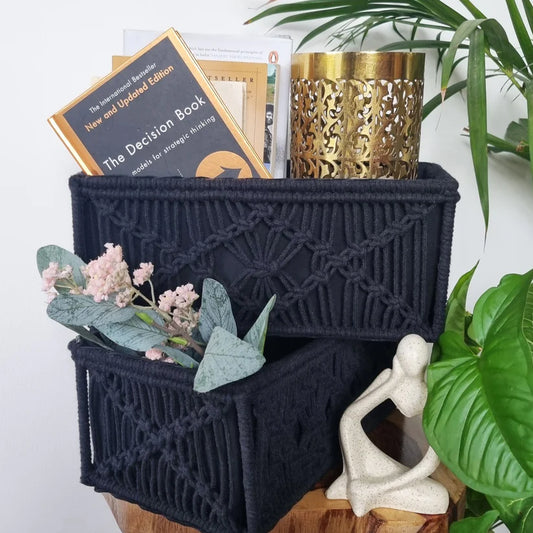 Cotton Macrame Set of 2 Storage Baskets Handmade Woven Boho Decor (Black)