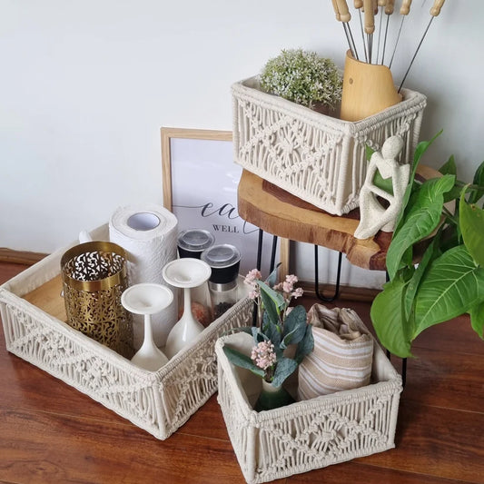 Cotton Macrame Set of 3 Storage Baskets Handmade Woven Boho Decor (Beige)
