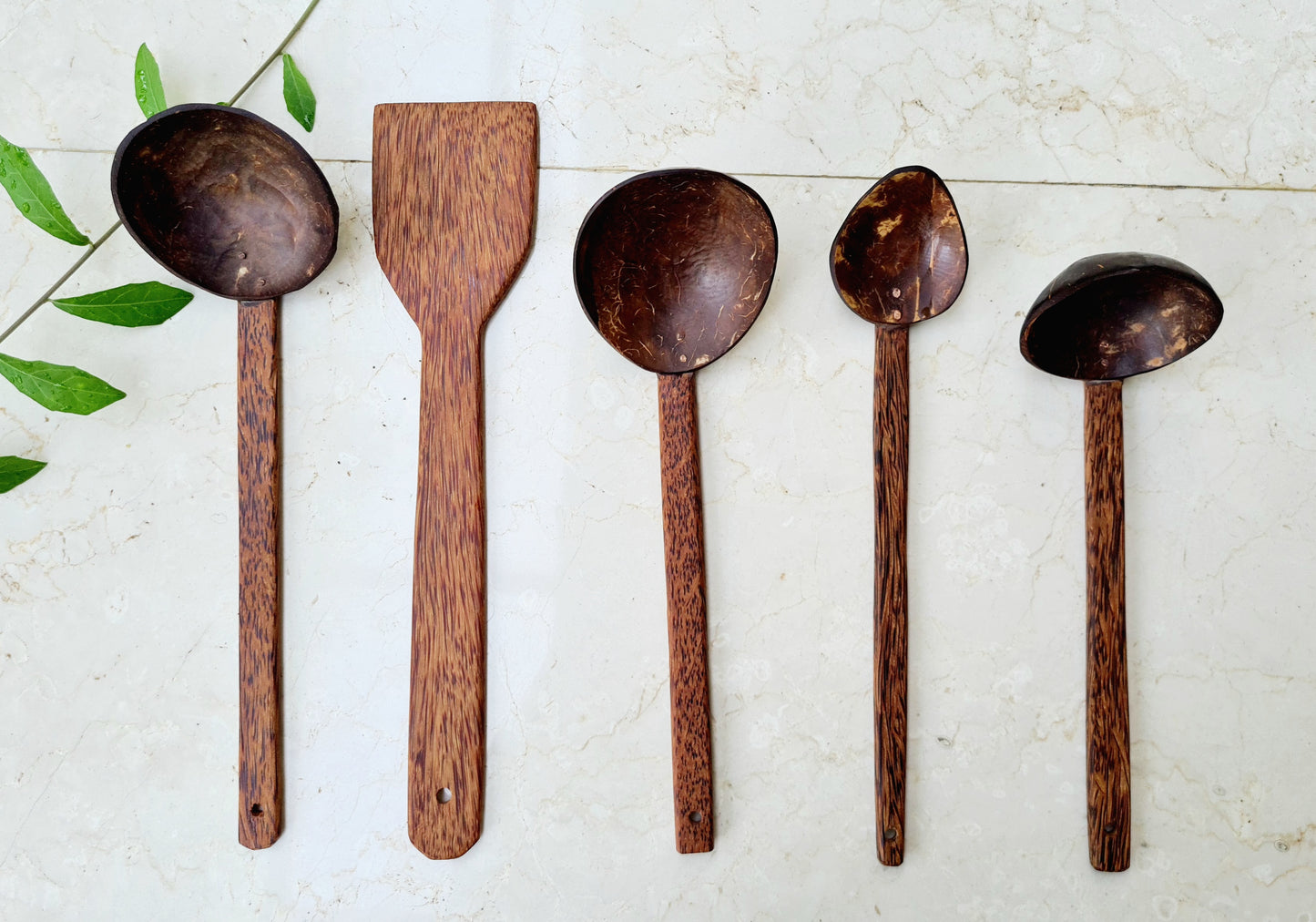 Thenga Traditional Coconut Shell & Wood Cooking Set | Set of 5-1 Spatula, 1 Large Spoon, 3 Size Ladles